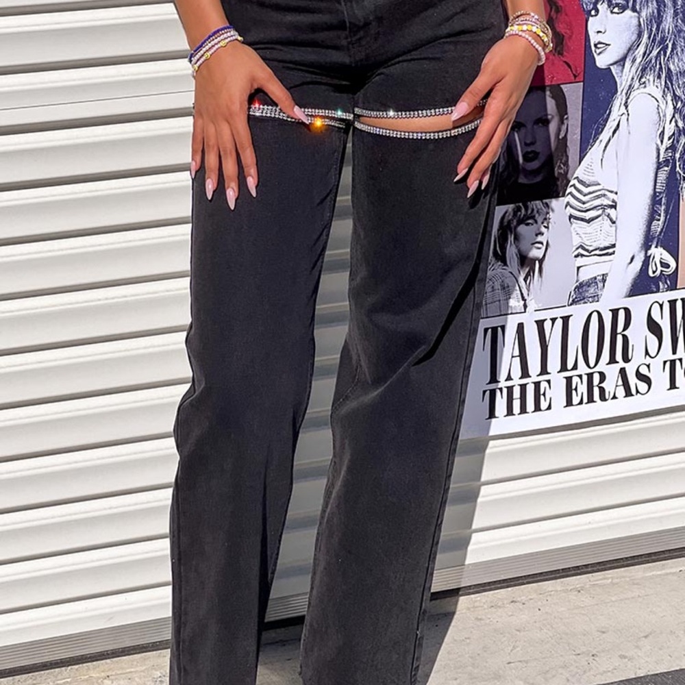 Beginning Boutique Black Straight Leg Jeans with Rhinestone Accents